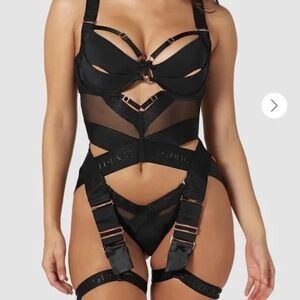 Black Goth Strappy Harness BDSM Lounge Underwear Lingerie Set Small